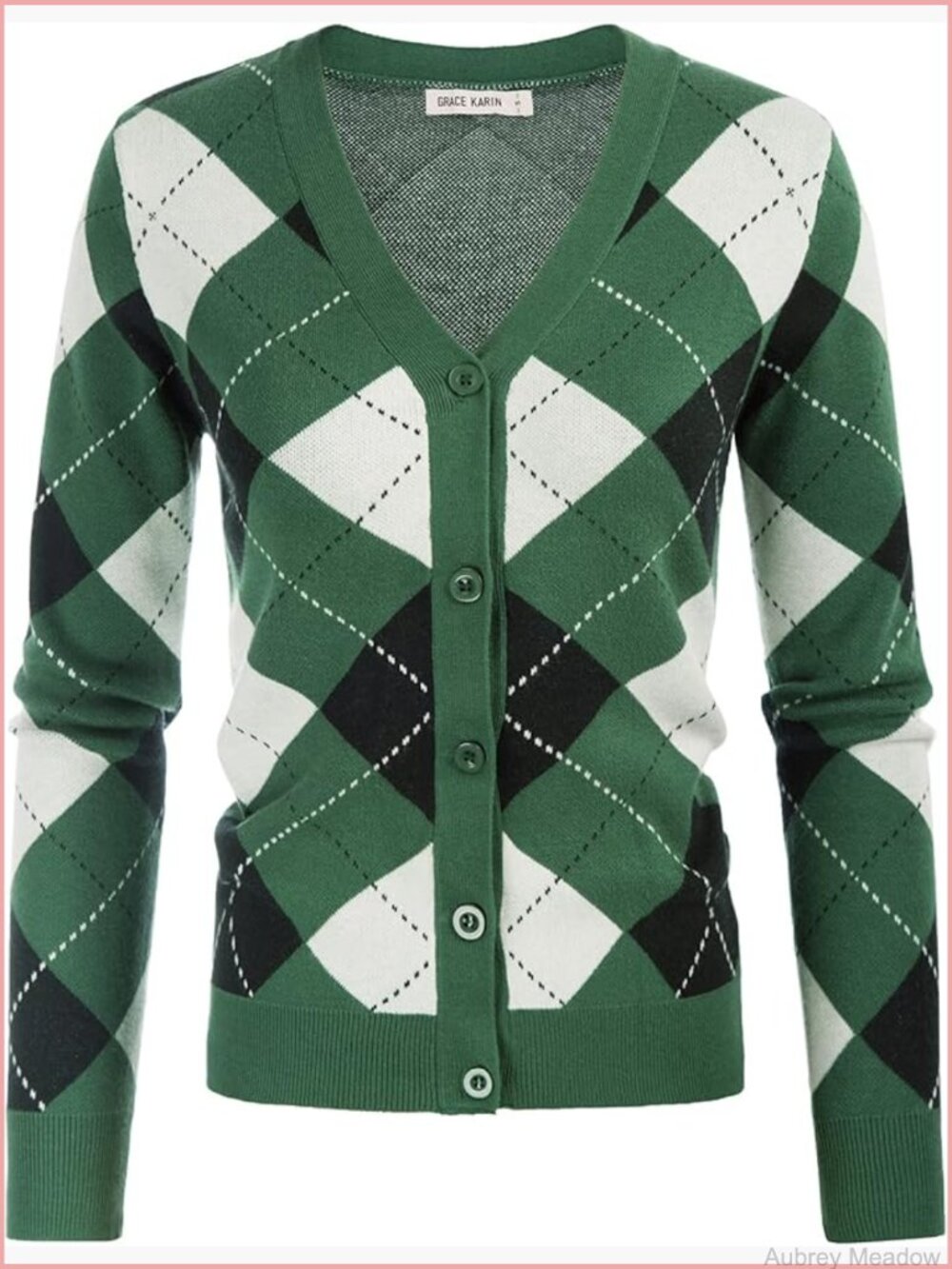V-Neck Argyle Cardigan Sweater Button Down Preppy Long Sleeve Knit